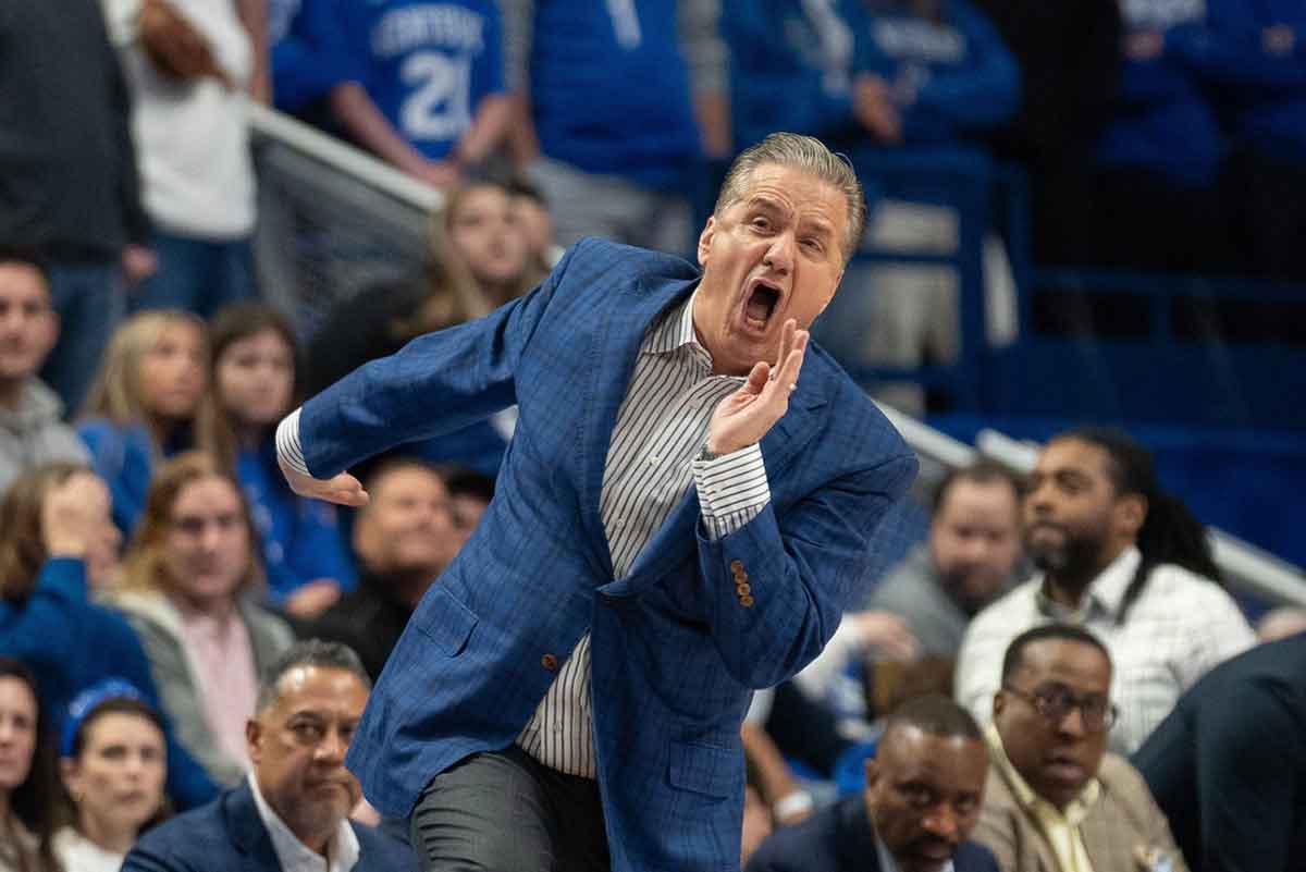 Kentucky Wildcats head coach John Calipari yells to the team during their game against the Arkansas Razorbacks on Saturday, March 2, 2024 at Rupp Arena.