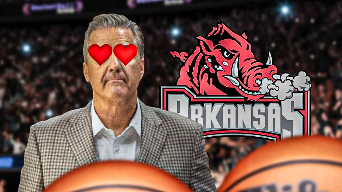 John Calipari with heart eyes, Arkansas logo