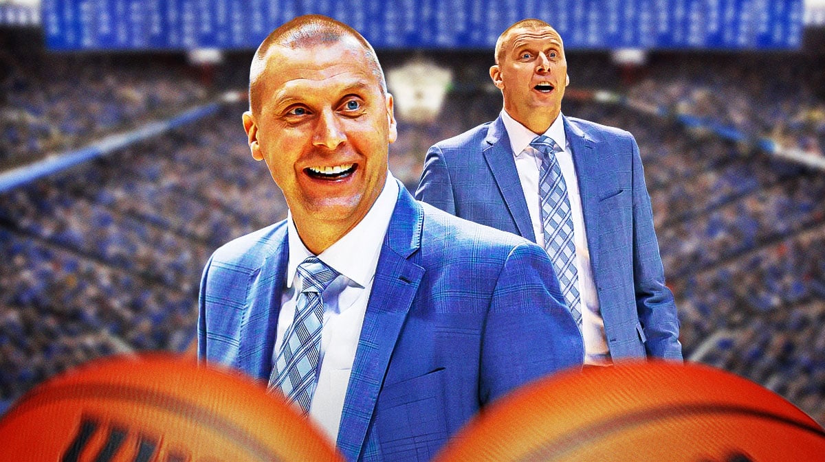 Kentucky basketball coach Mark Pope smiling with Rupp Arena in background., Koby Brea