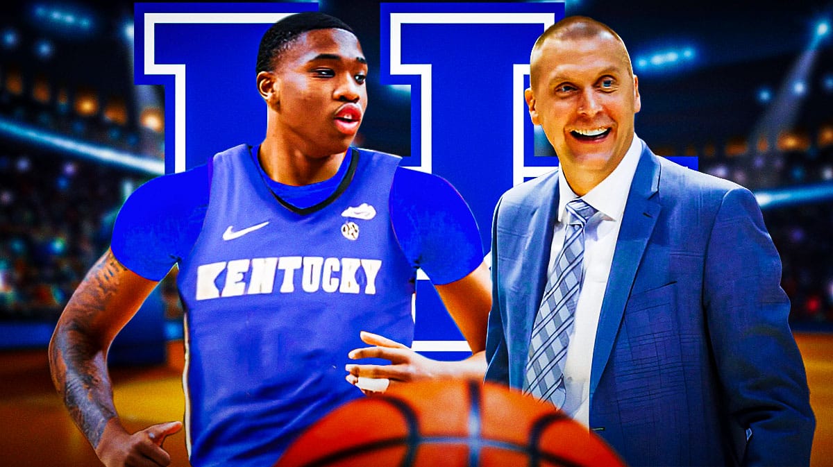 Oklahoma State's Brandon Garrison in a Kentucky jersey alongside Mark Pope with the Kentucky logo in the background, transfer portal