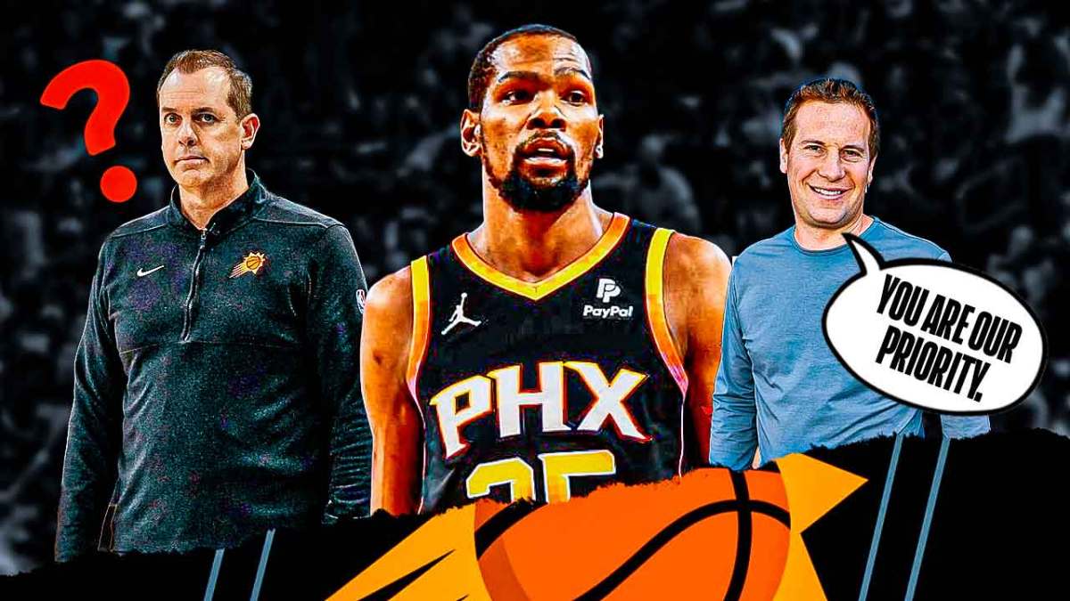 Suns Kevin Durant next to Frank Vogel with question marks and Mat Ishbia saying "You are our priority."