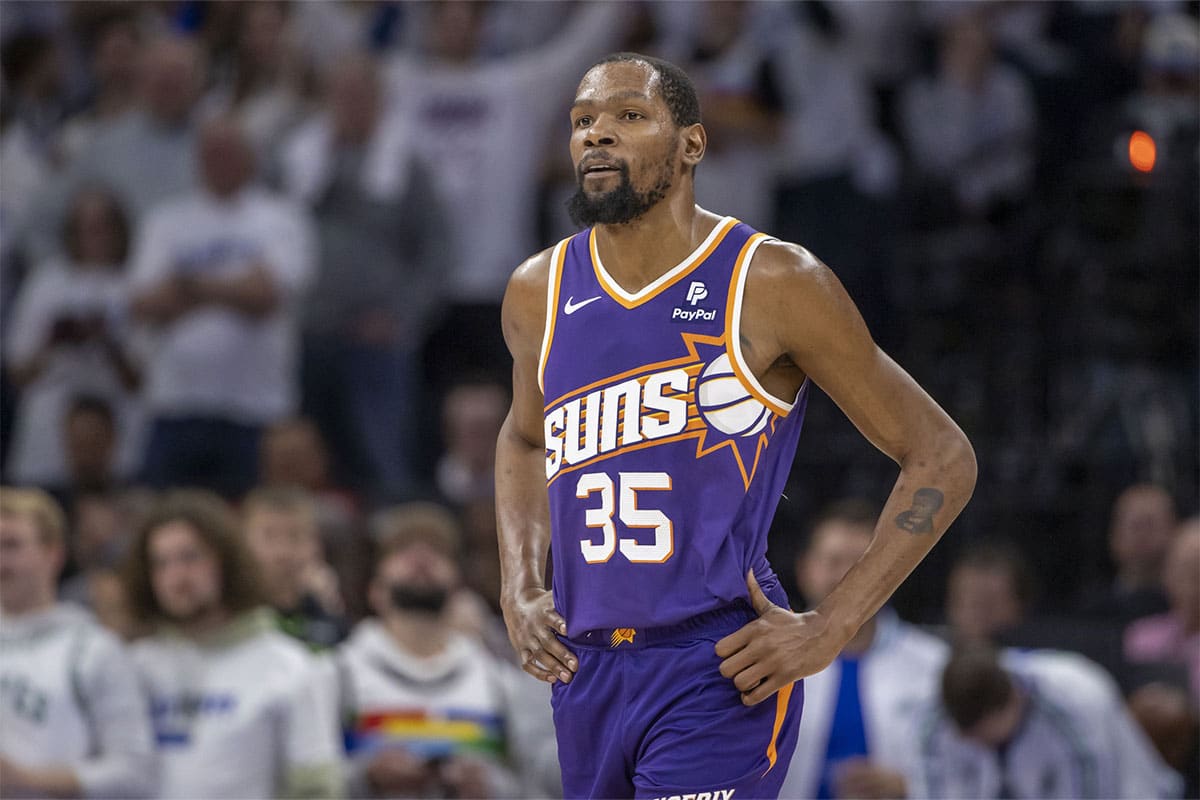 Phoenix Suns forward Kevin Durant (35) looks on against the Minnesota Timberwolves in the second half during game one of the first round for the 2024 NBA playoffs at Target Center.