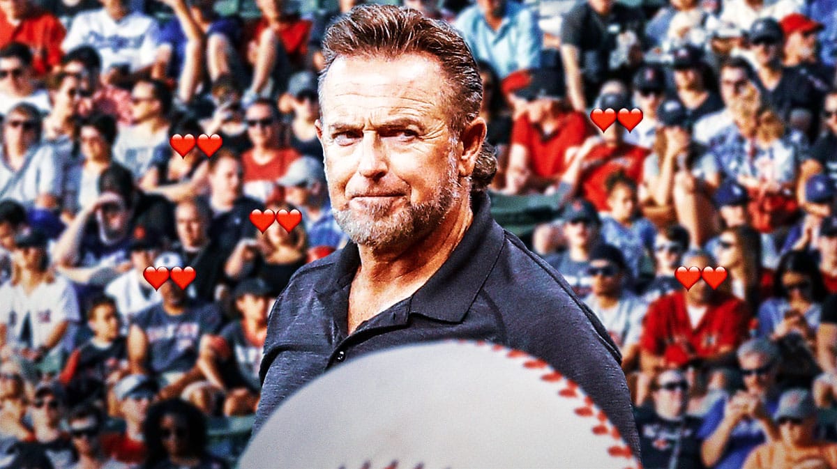 Kevin Millar on one side, a bunch of Boston Red Sox fans on the other side with hearts in their eyes