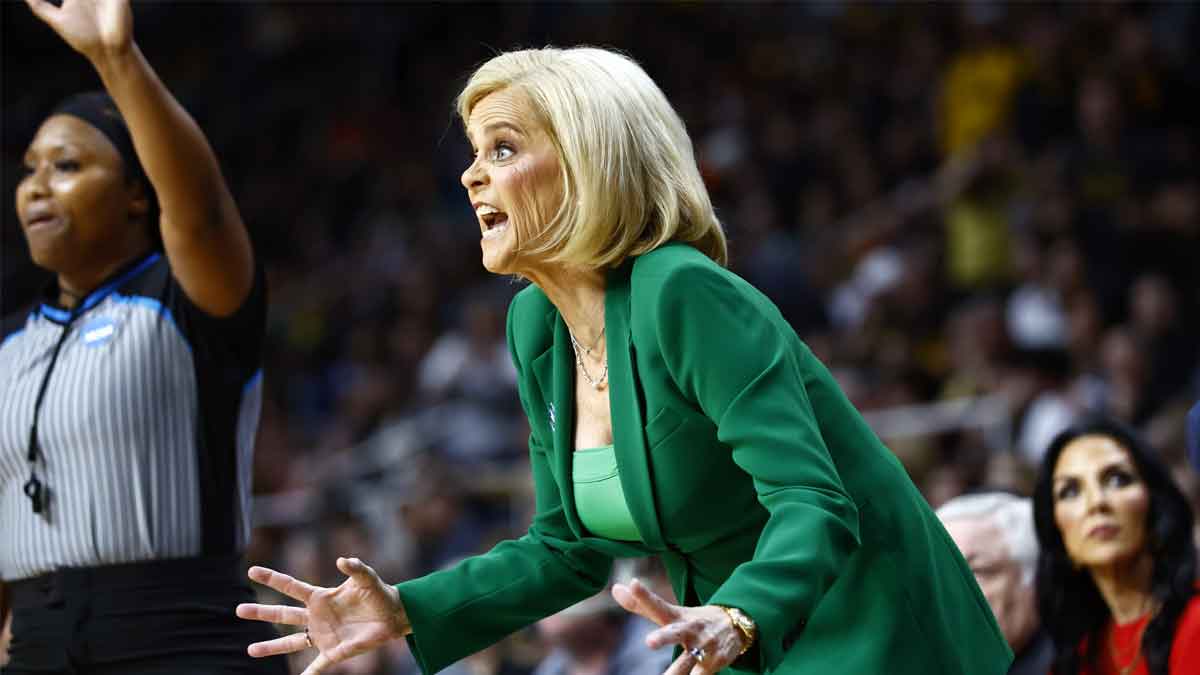 Apr 1, 2024; Albany, NY, USA; LSU Lady Tigers head coach Kim Mulkey reacts in the first quarter against the Iowa Hawkeyes in the finals of the Albany Regional in the 2024 NCAA Tournament at MVP Arena.