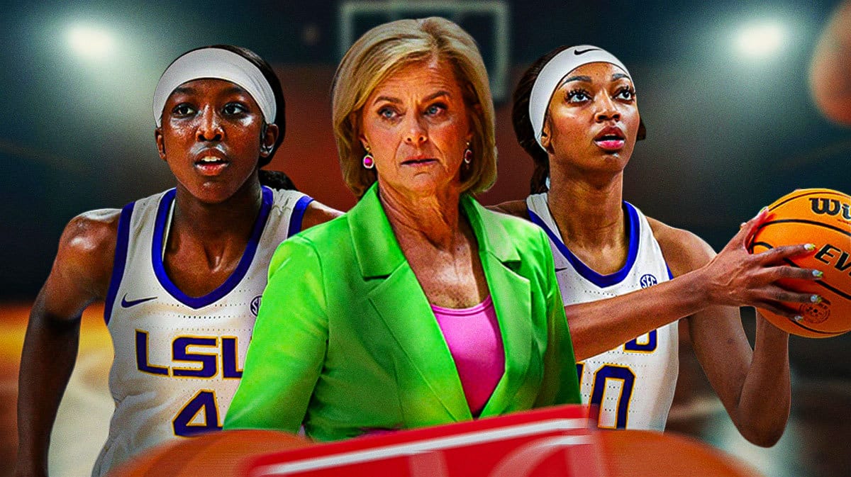 LSU’s Kim Mulkey in front. LSU’s Flau-jae Johnson on left, LSU’s Angel Reese on right.