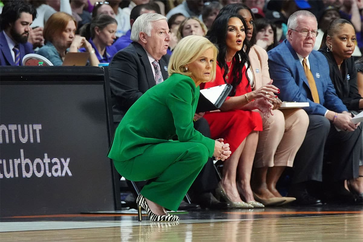 LSU Lady Tigers head coach Kim Mulkey looks on in the first half against the Iowa Hawkeyes in the finals of the Albany Regional in the 2024 NCAA Tournament at MVP Arena.