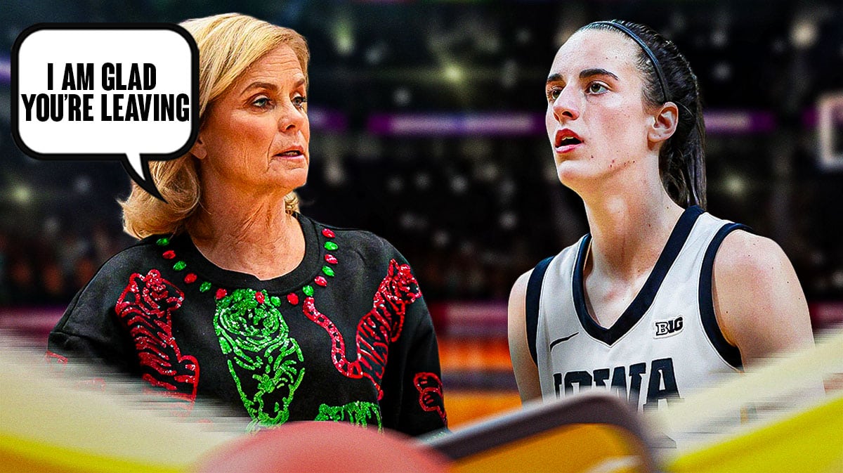 LSU women's basketball coach Kim Mulkey, saying "I Am glad you're leaving" to Caitlin Clark.