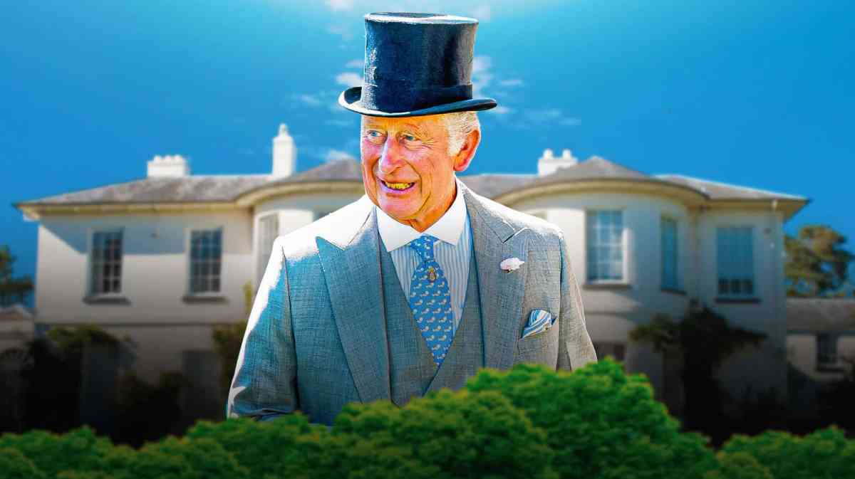 King Charles III with mansion behind him