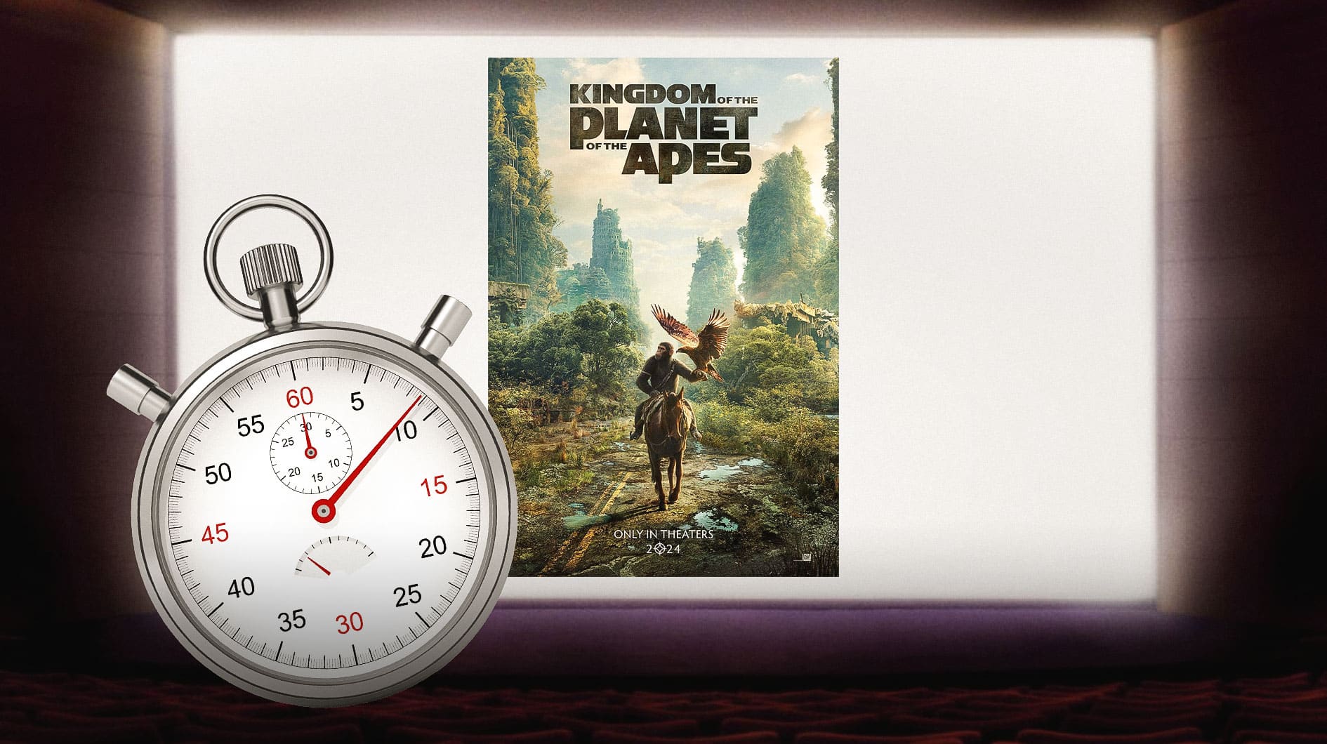 Kingdom of the Planet of the Apes poster on movie theater screen with stopwatch.