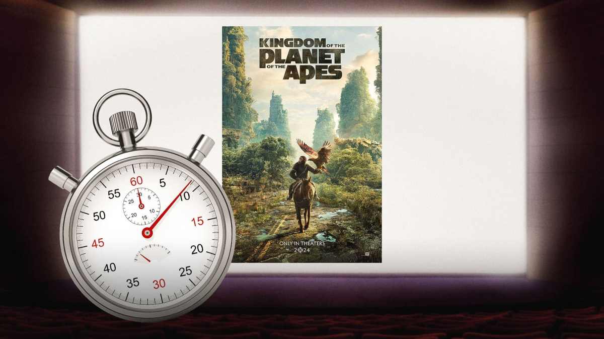 Kingdom of the Planet of the Apes poster on movie theater screen with stopwatch.