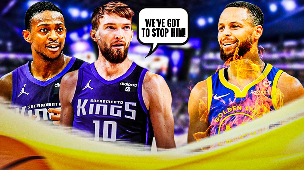 De'Aaron Fox and Domantas Sabonis on one side with a speech bubble that says "We've got to stop him!", Stephen Curry on the other side on fire