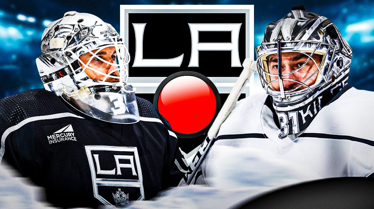 Cam Talbot and David Rittich with the red goal light behind them, LA Kings logo, hockey rink in background