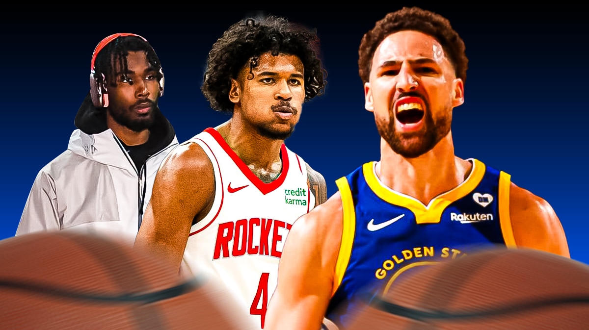 Warriors' Klay Thompson with Rockets' Jalen Green and Tari Eason