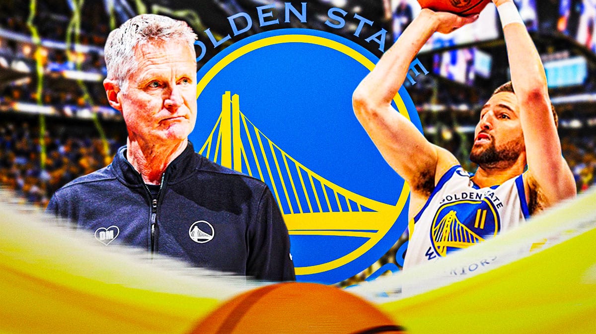 Warriors' Steve Kerr on left looking serious. Warriors' Klay Thompson on right shooting a basketball. Warriors' logo in background.