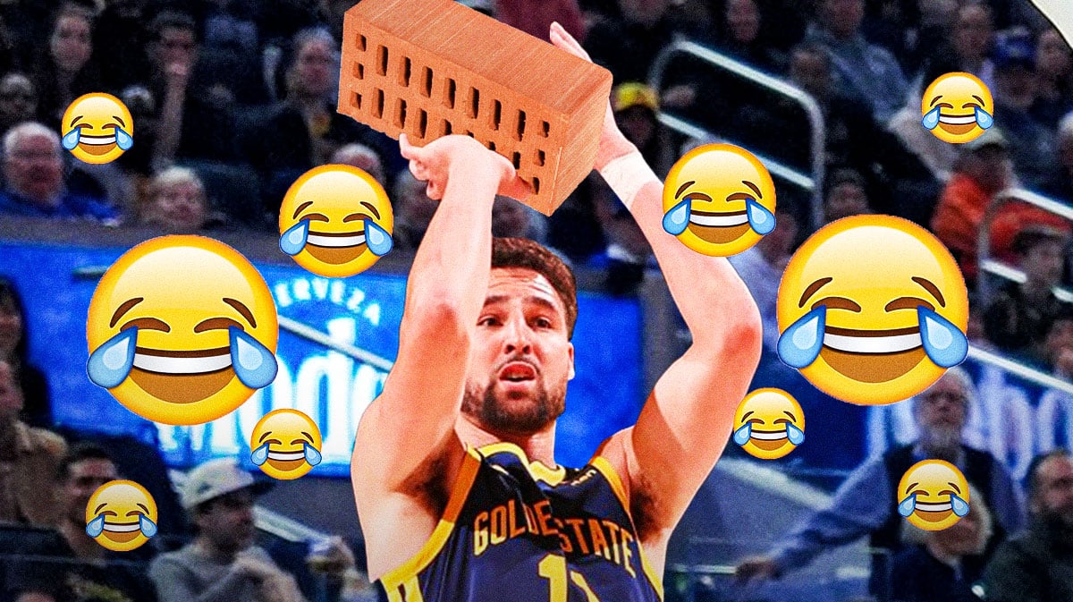 Klay Thompson shooting a brick, a bunch of crying laughing emojis in the background