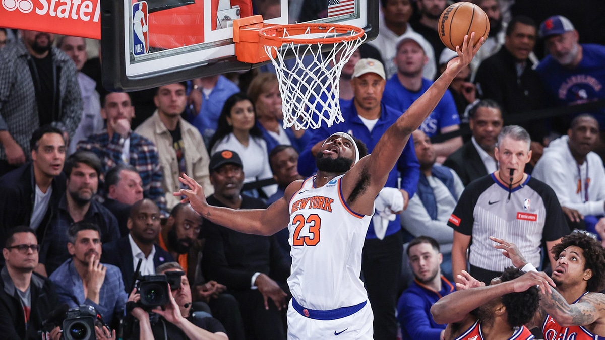 New York Knicks center Mitchell Robinson (23) goes up for a rebound in the fourth quarter against the Philadelphia 76ers in game one of the first round for the 2024 NBA playoffs at Madison Square Garden.
