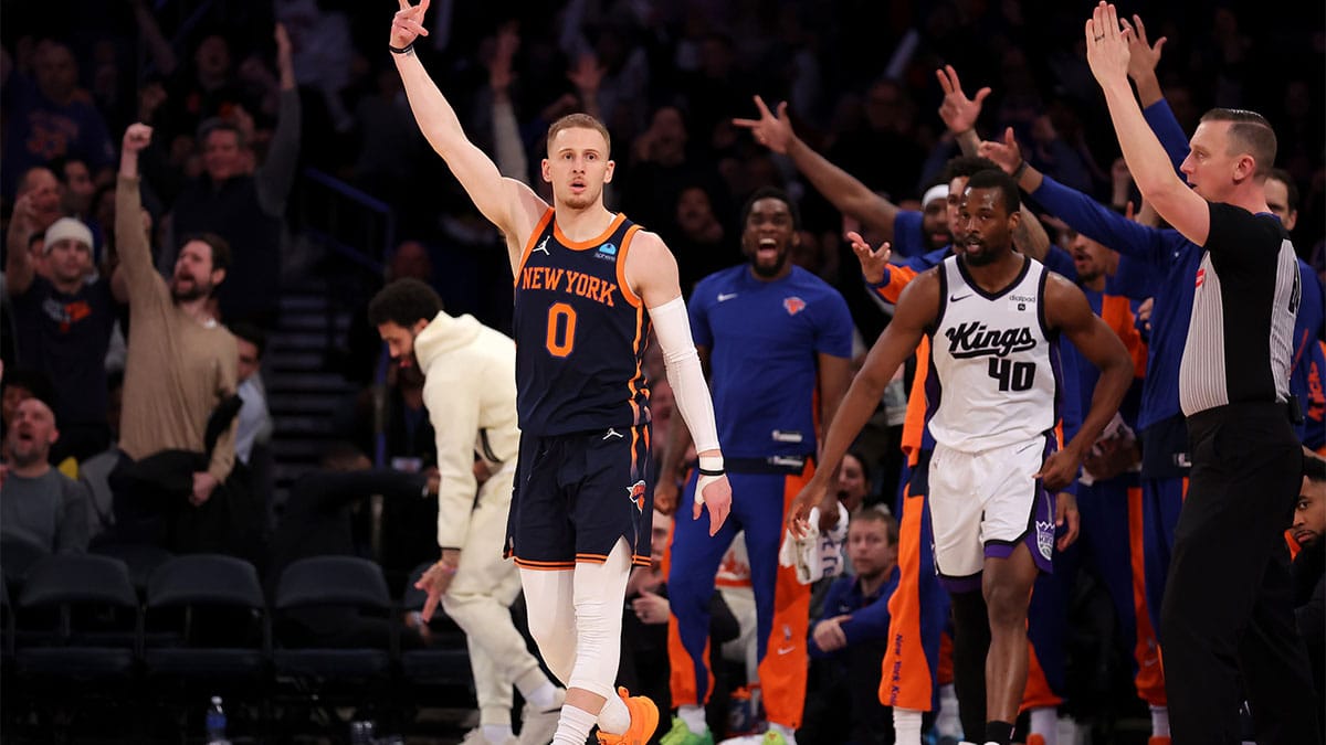 New York Knicks guard Donte DiVincenzo (0) celebrates his three point shot against the Sacramento Kings during the third quarter at Madison Square Garden