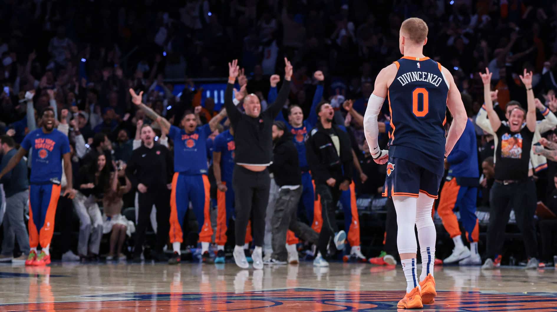 New York Knicks guard Donte DiVincenzo (0) reacts after making a three point basket during the fourth quarter during game two of the first round for the 2024 NBA playoffs against the Philadelphia 76ers at Madison Square Garden. 