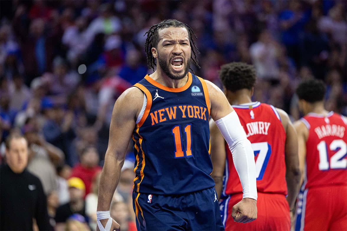New York Knicks guard Jalen Brunson (11) reacts after scoring against the Philadelphia 76ers during the fourth quarter of game four of the first round in the 2024 NBA playoffs at Wells Fargo Center. 