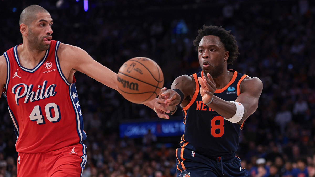 New York Knicks forward OG Anunoby (8) passes the ball in front of Philadelphia 76ers forward Nicolas Batum (40) during the second half during game two of the first round for the 2024 NBA playoffs at Madison Square Garden.