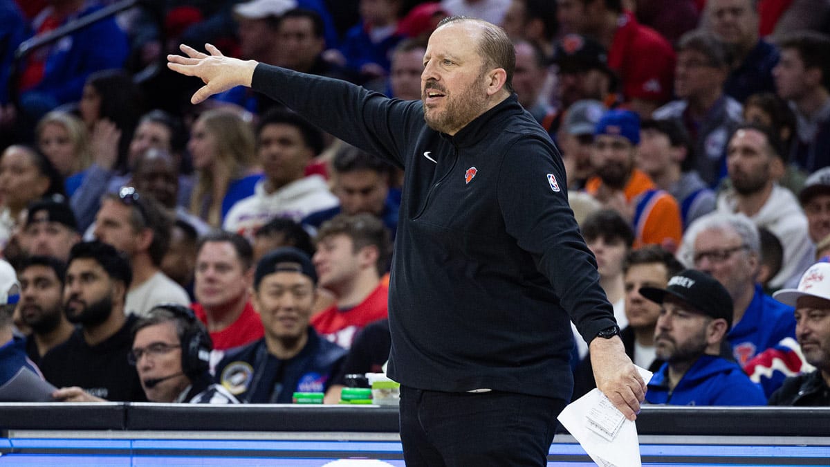 New York Knicks head coach Tom Thibodeau reacts during the second half against the Philadelphia 76ers in game three of the first round for the 2024 NBA playoffs at Wells Fargo Center.