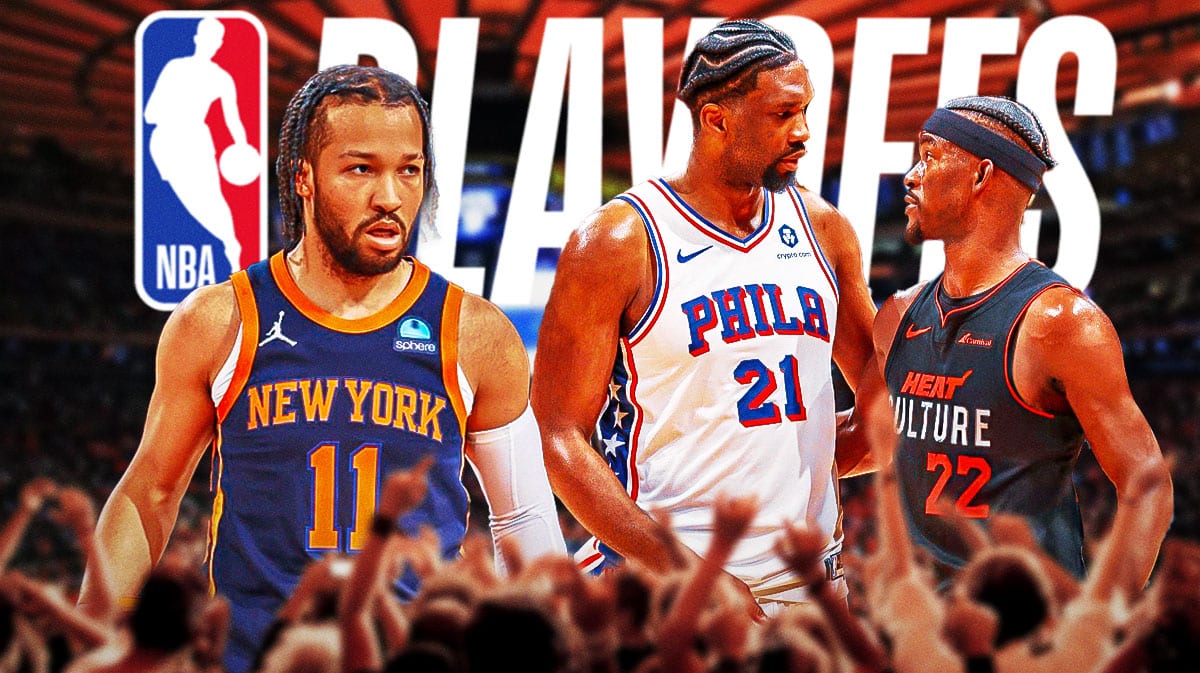 Knicks Jalen Brunson looking at Joel Embiid and Jimmy Butler with the 2024 NBA Playoffs logo in the background