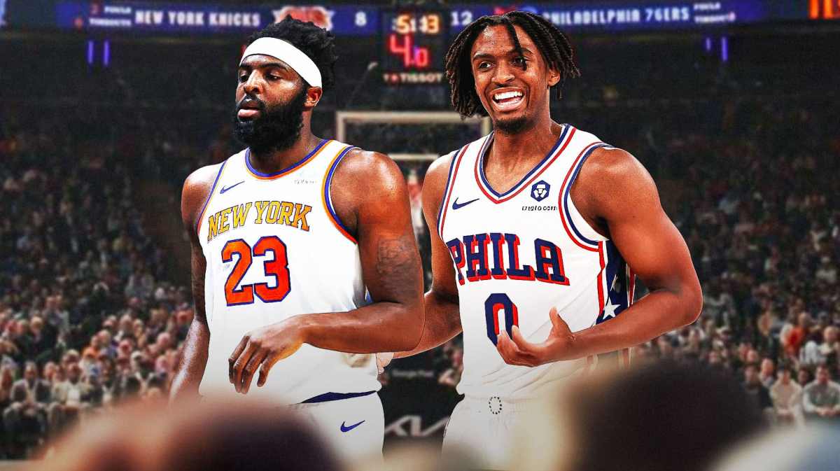 Knicks, 76ers, NBA Playoffs, Tyrese Maxey, Mitchell Robinson, Mitchell Robinson and Tyrese Maxey with Knicks arena in the background