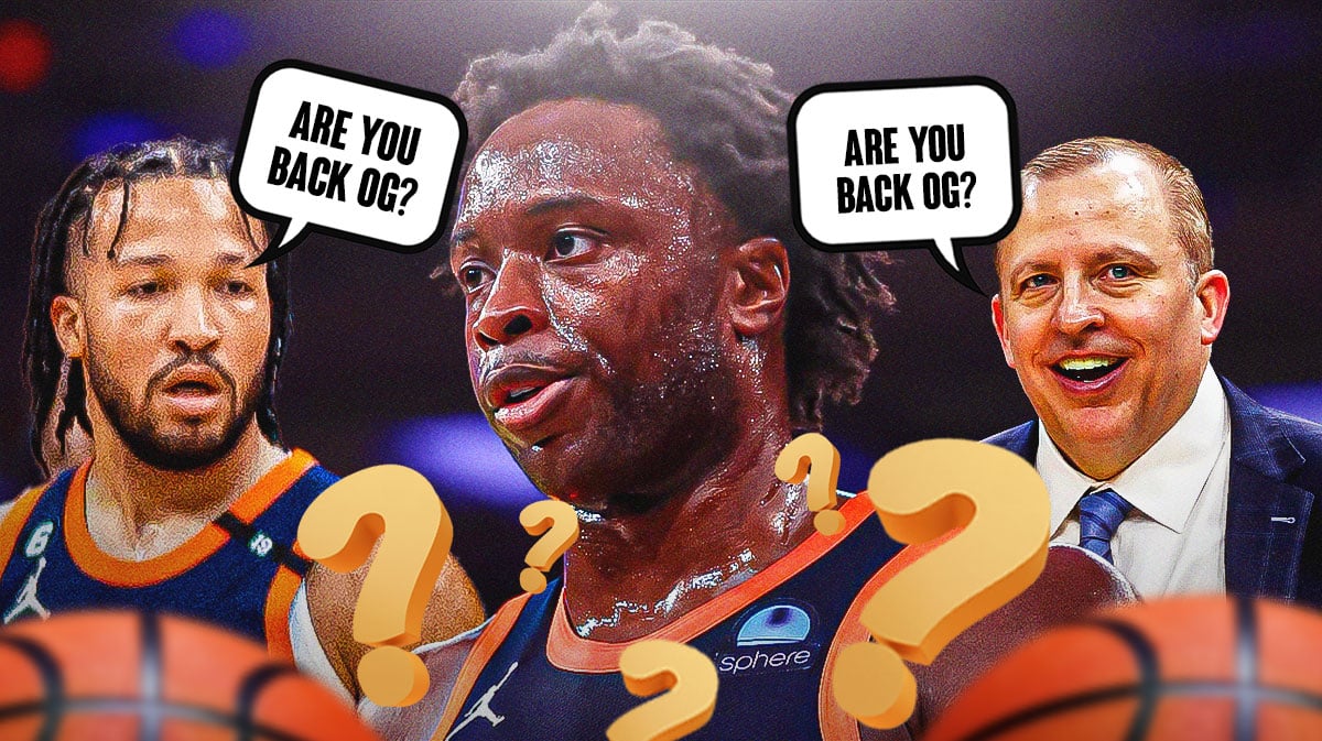 Knicks' OG Anunoby with Jalen Brunson and Tom Thibodeau saying "Are you back OG?"