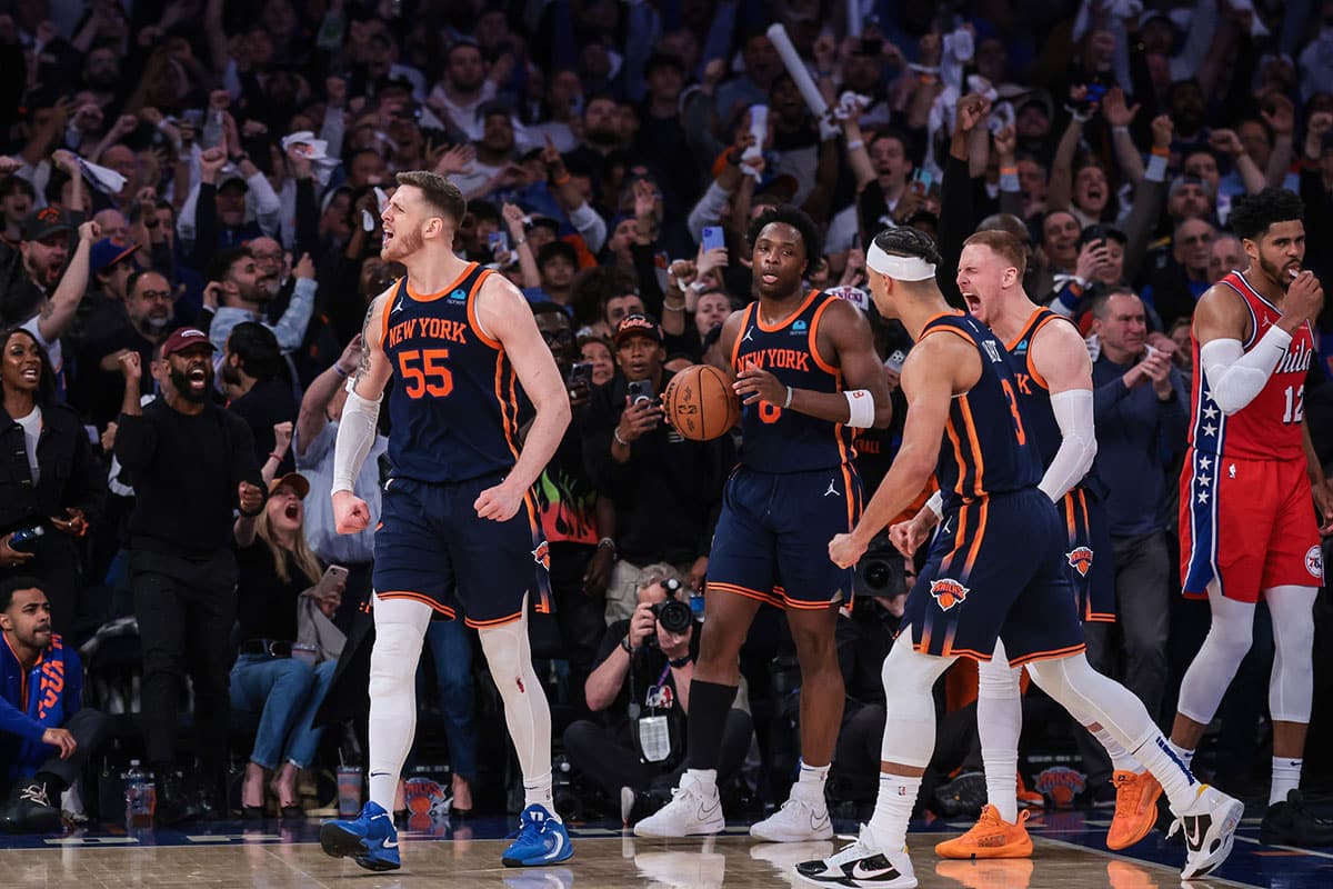 New York Knicks center Isaiah Hartenstein (55) celebrates wit teammates after blocking a shot by Philadelphia 76ers guard Tyrese Maxey (not pictured) during the fourth quarter during game two of the first round for the 2024 NBA playoffs at Madison Square Garden. 