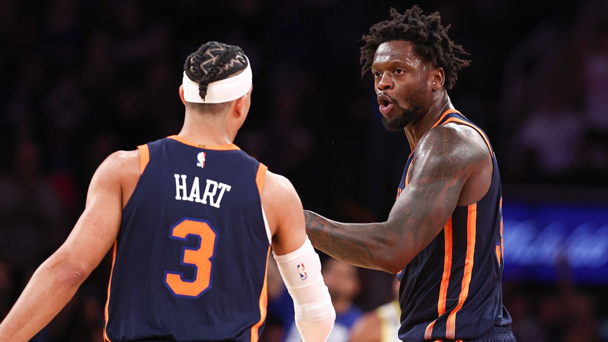 New York Knicks forward Julius Randle (30) talks with guard Josh Hart (3) during the second half against the Utah Jazz at Madison Square Garden.