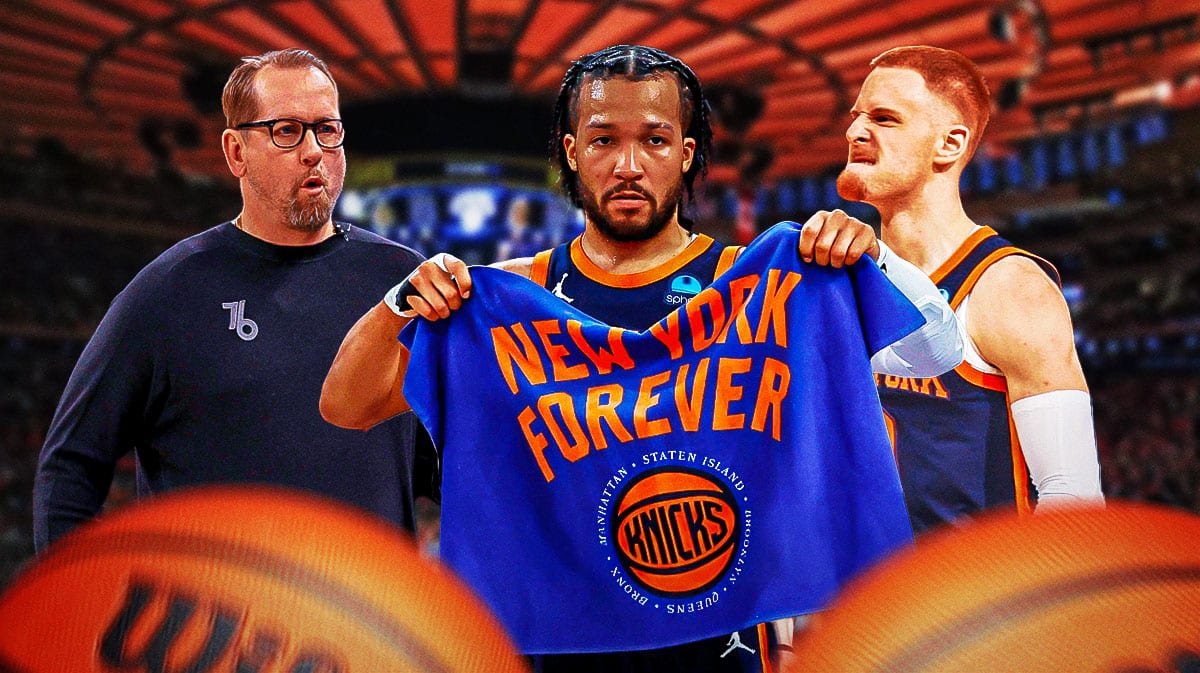 Knicks' Jalen Brunson, Donte DiVincenzo, 76ers coach Nick Nurse, MSG in background