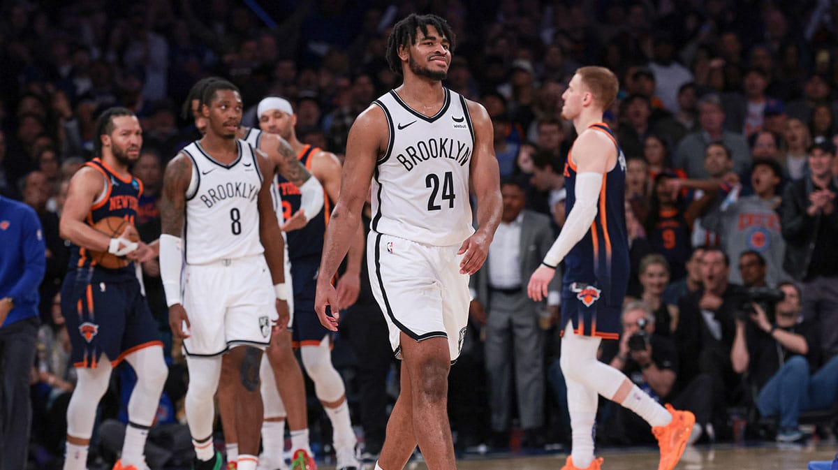 Brooklyn Nets guard Cam Thomas (24) reacts after fouling New York Knicks guard Jalen Brunson (11) during the second half at Madison Square Garden.