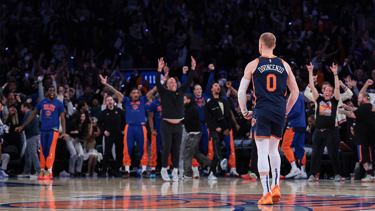 New York Knicks guard Donte DiVincenzo (0) reacts after making a three point basket during the fourth quarter during game two of the first round for the 2024 NBA playoffs against the Philadelphia 76ers at Madison Square Garden