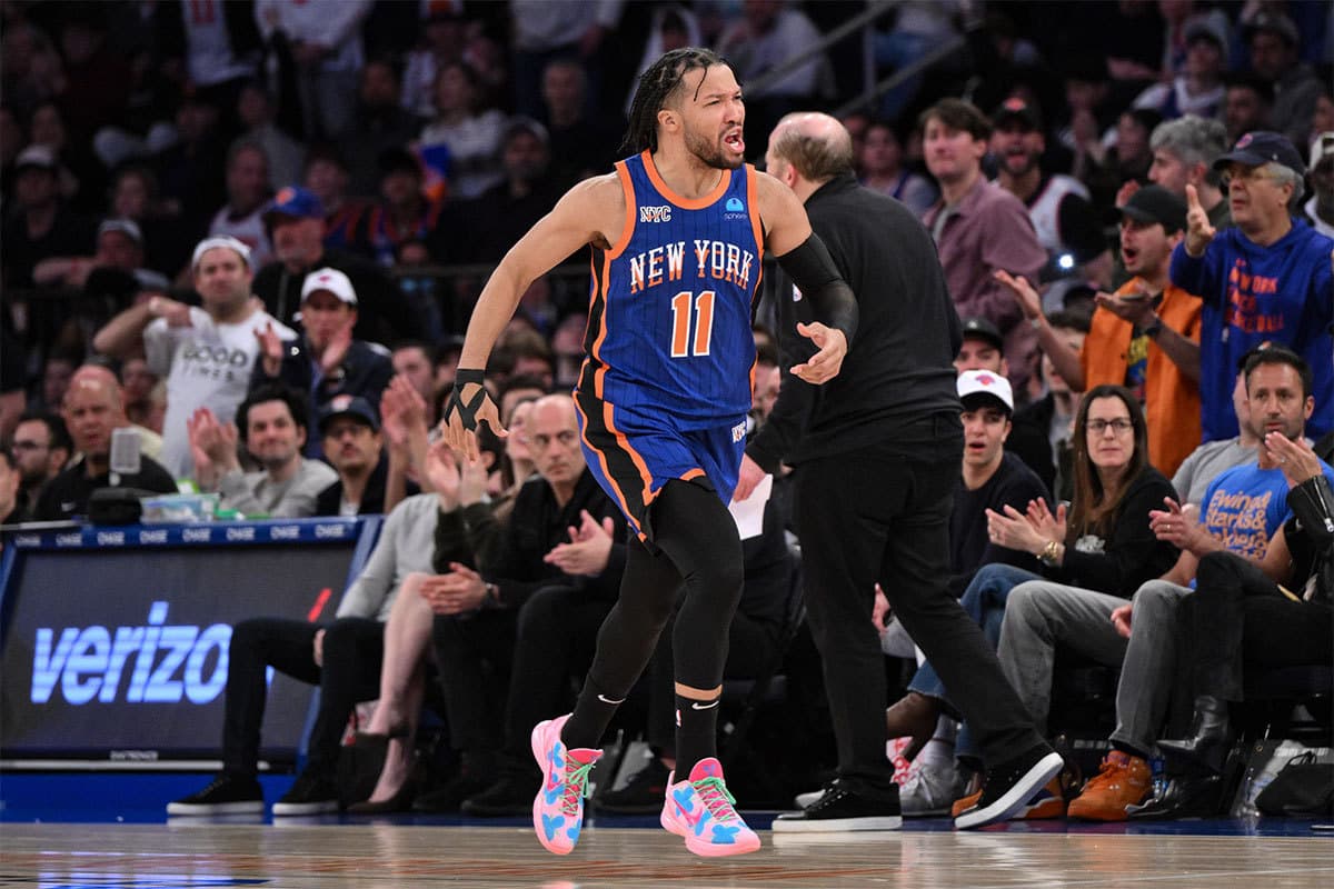 New York Knicks guard Jalen Brunson (11) reacts during the fourth quarter against the Oklahoma City Thunder at Madison Square Garden. 