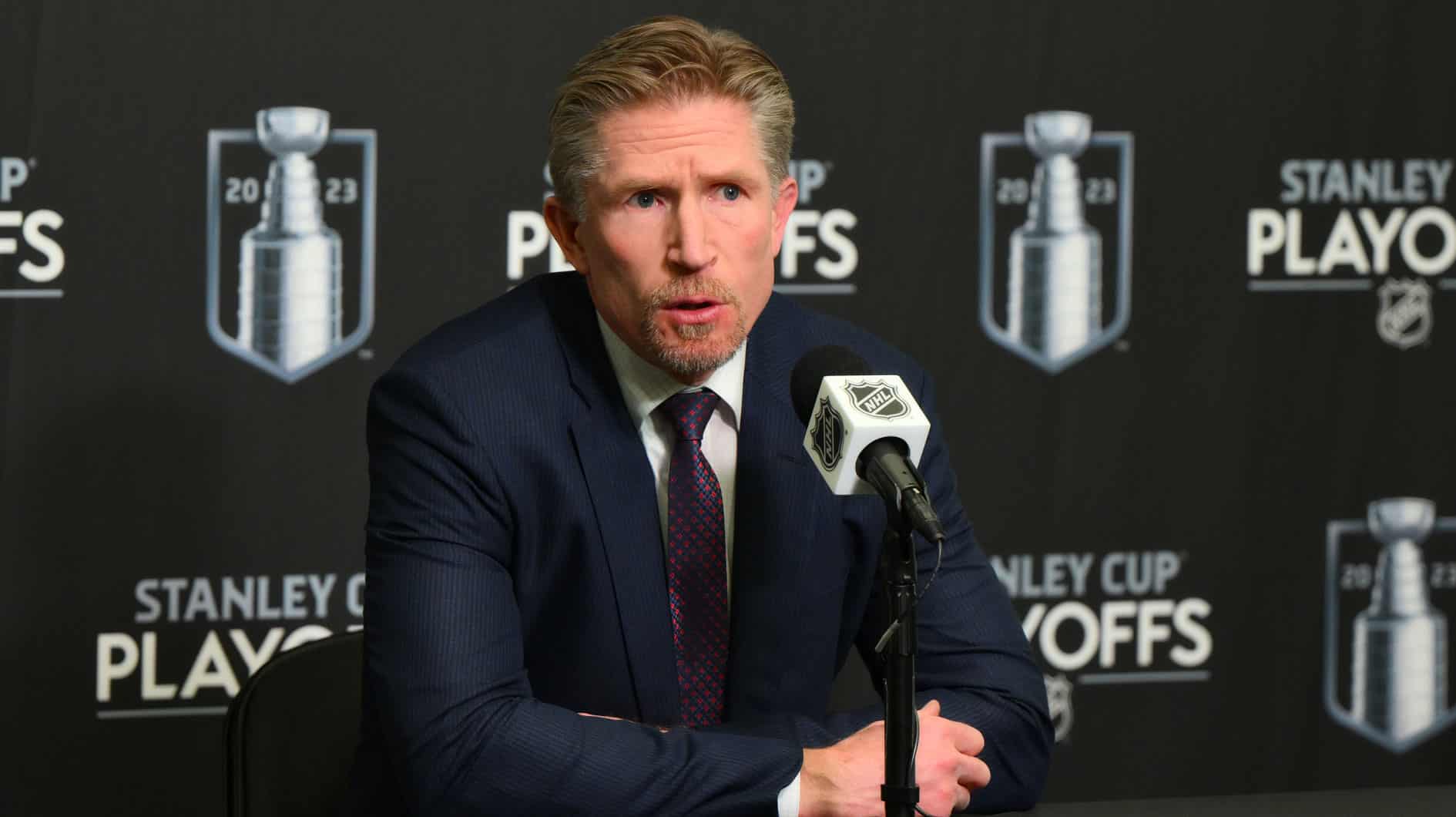 Seattle Kraken head coach Dave Hakstol speaks to the media after the game against the Dallas Stars in game four of the second round of the 2023 Stanley Cup Playoffs at Climate Pledge Arena.