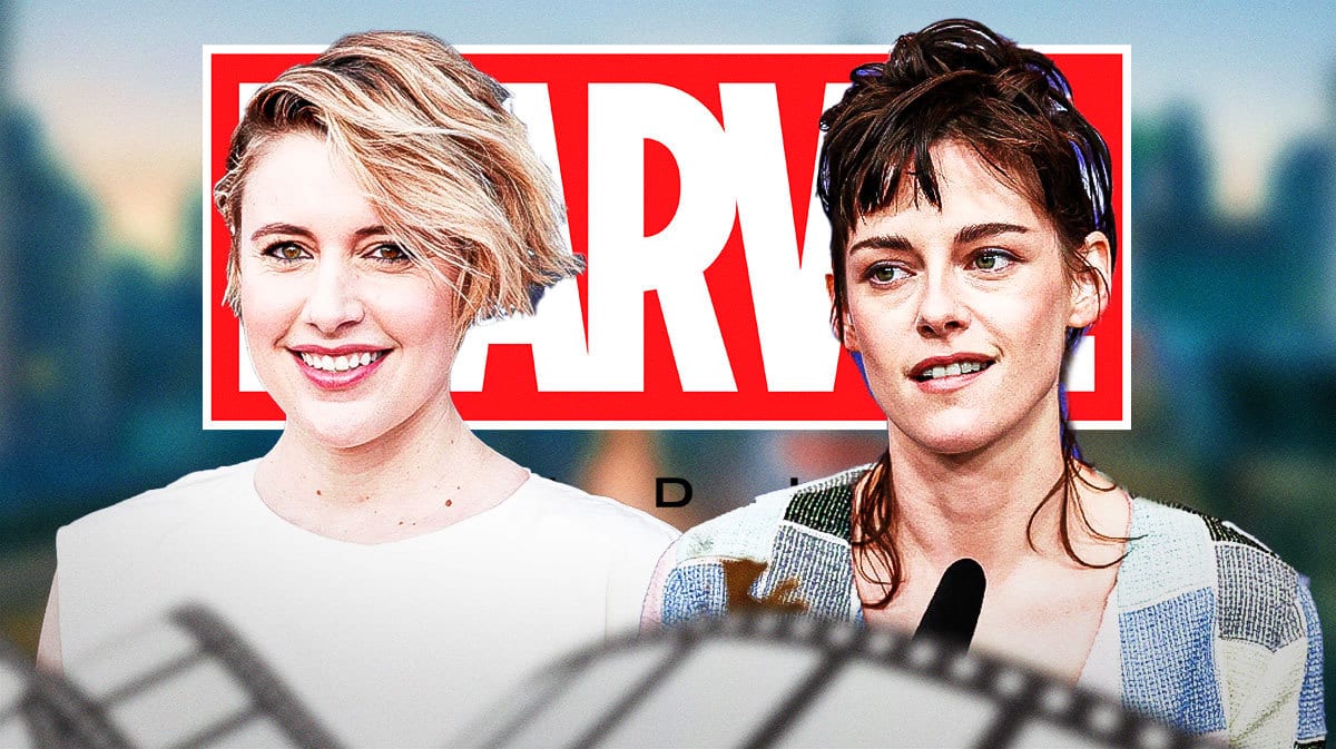 Kristen Stewart and Greta Gerwig with Marvel (MCU) logo.