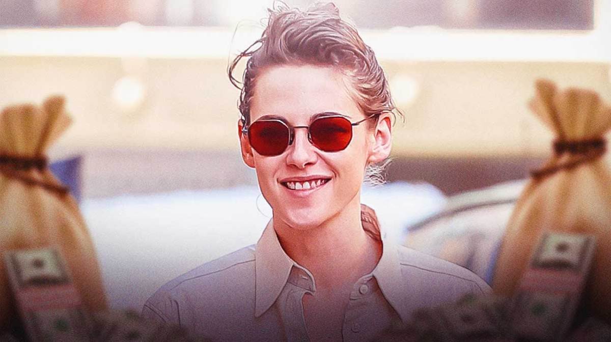 Kristen Stewart surrounded by piles of cash.
