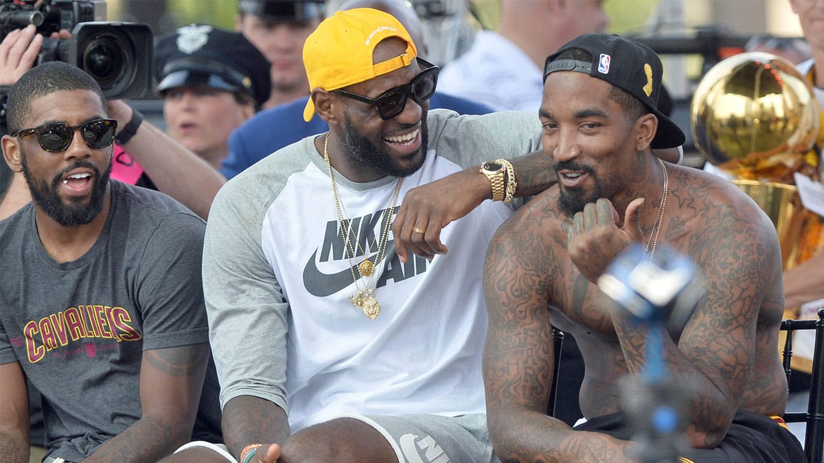 Former Cavaliers teammates Kyrie Irving, LeBron James, and JR Smith