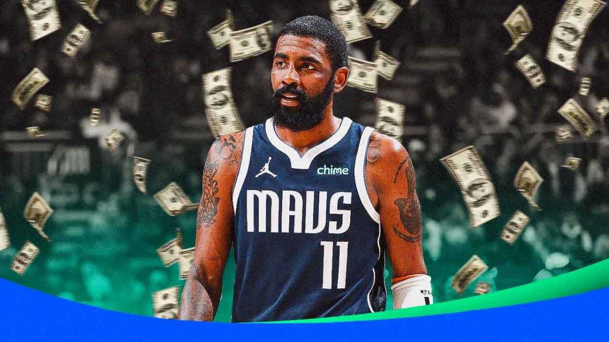 Mavericks' Kyrie Irving with plenty of 100 dollar bills falling from the sky
