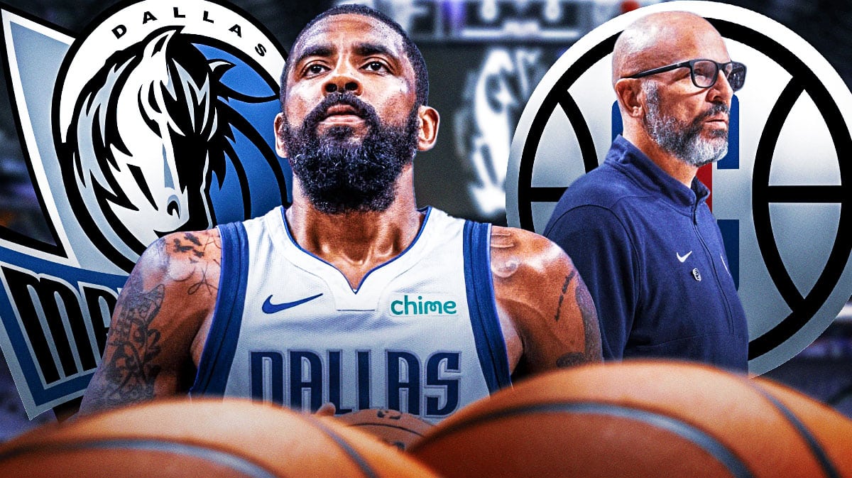 Mavericks' Kyrie Irving, Mavericks' Jason Kidd both in front. Mavericks and Clippers logos in background.