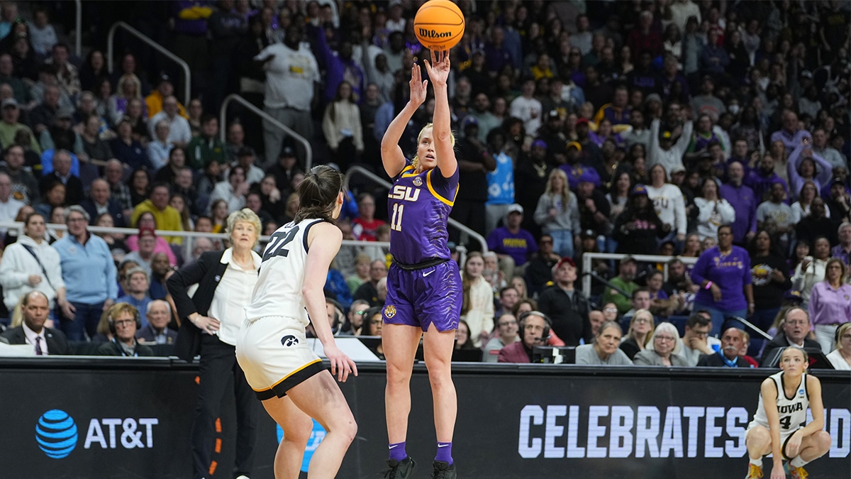 LSU Lady Tigers guard Hailey Van Lith (11) shoots against Iowa Hawkeyes guard Caitlin Clark (22) in the second quarter in the finals of the Albany Regional in the 2024 NCAA Tournament.