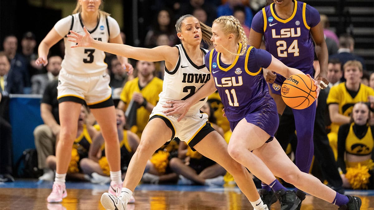 LSU Lady Tigers guard Hailey Van Lith (11) drives to the basket as Iowa Hawkeyes guard Gabbie Marshall (24) defends during the Elite 8 round of the NCAA Women's Basketball Tournament between Iowa and LSU at MVP Arena, Monday, April 1, 2024 in Albany, N.Y.