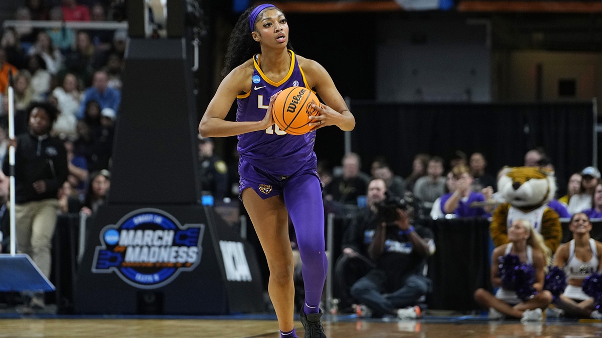LSU Lady Tigers forward Angel Reese (10) controls the ball in the first quarter against the Iowa Hawkeyes in the finals of the Albany Regional in the 2024 NCAA Tournament.