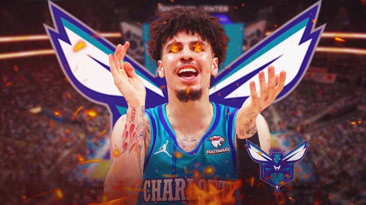 LaMelo Ball in front of a Hornets logo with fire in his eyes and surrounded by fire