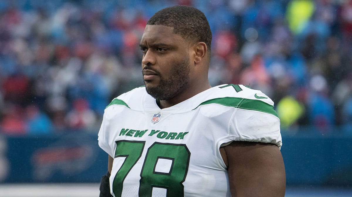 New York Jets guard Laken Tomlinson (78) on the sidelines before a game against the Buffalo Bills at Highmark Stadium.