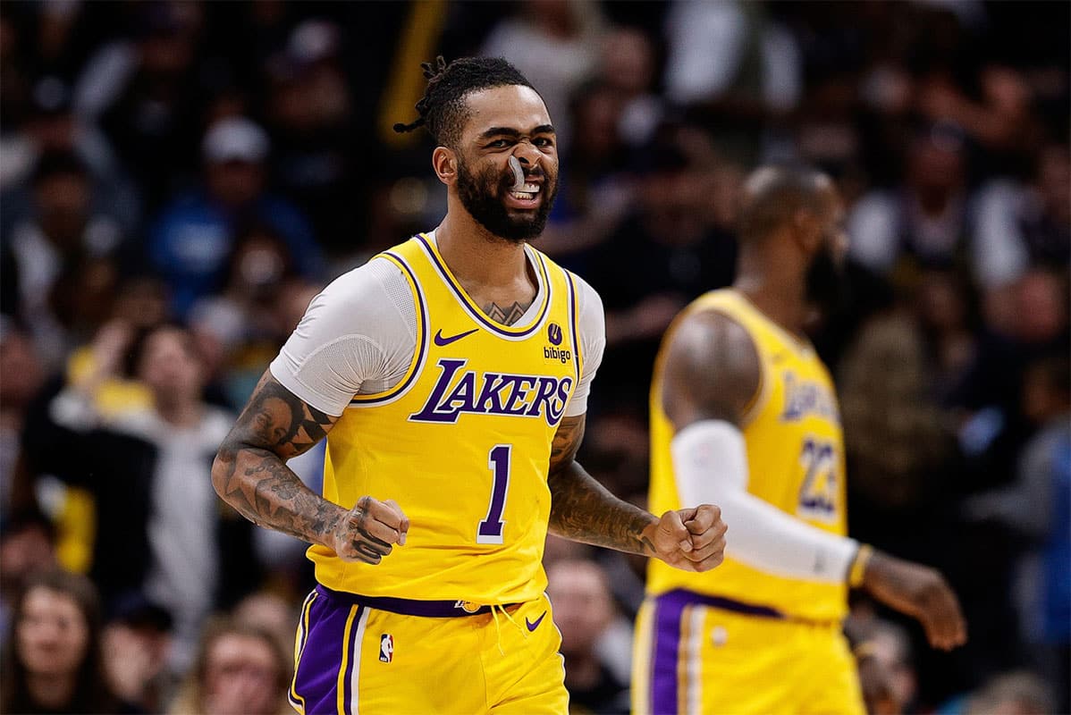 Los Angeles Lakers guard D'Angelo Russell (1) reacts after a play in the third quarter against the Denver Nuggets during game five of the first round for the 2024 NBA playoffs at Ball Arena.