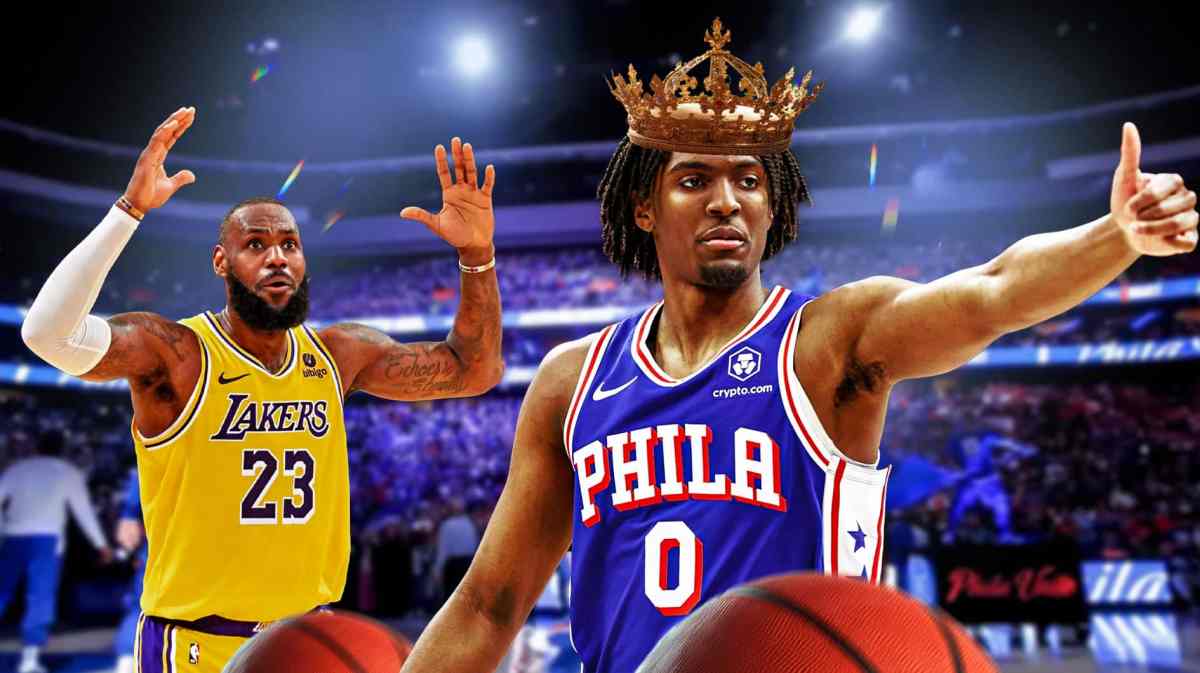 76ers Tyrese Maxey with Lakers LeBron James after win over Knicks