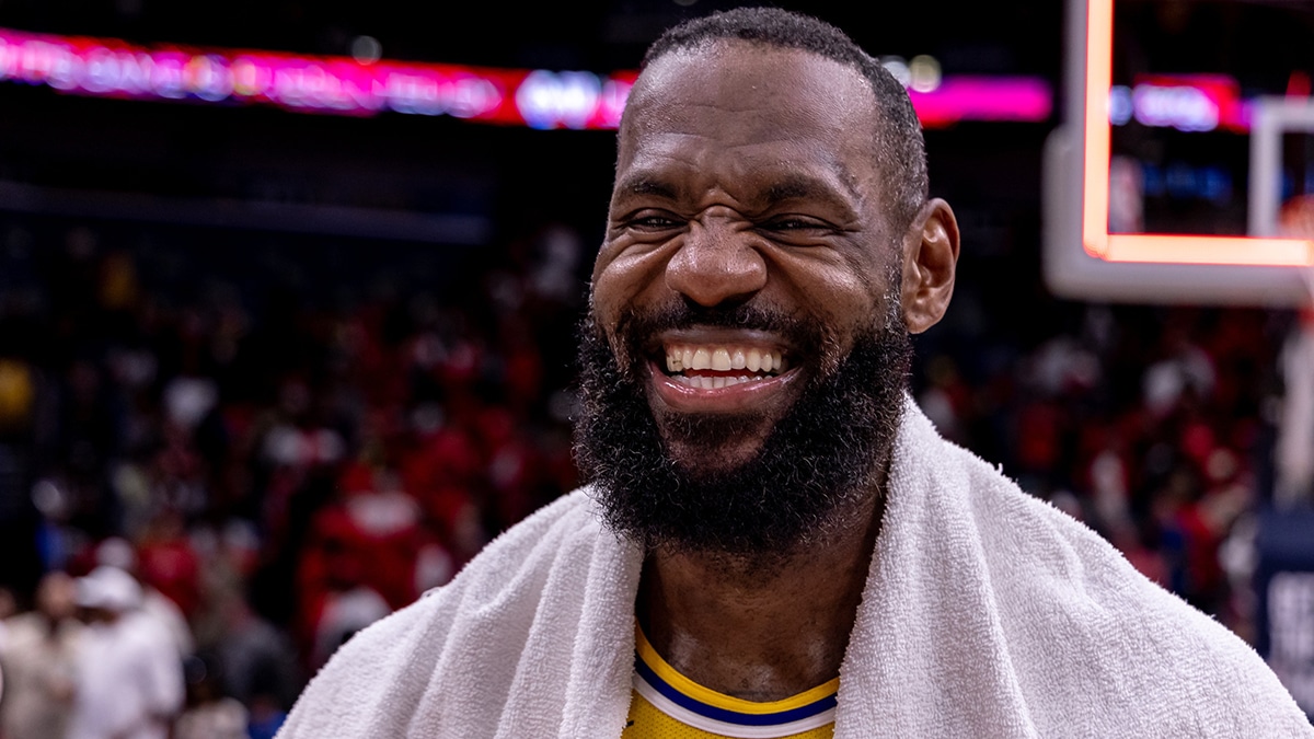 Los Angeles Lakers forward LeBron James (23) reacts after the play-in game of the 2024 NBA playoffs against the New Orleans Pelicans at Smoothie King Center.