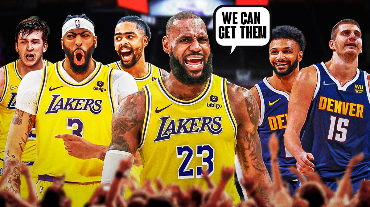 Lakers' LeBron James saying "We can get them" to Anthony Davis, D'Angelo Russell and Austin Reaves. Jamal Murray and Nikola Jokic next to him