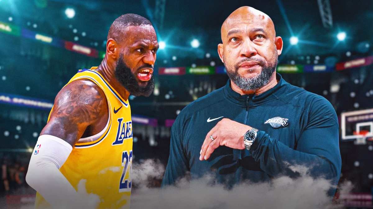 Lakers' LeBron James calls out to Darvin Ham while Nuggets players watch in background